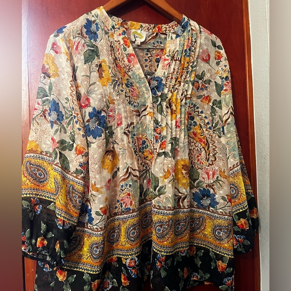 Fig & Flower Top Womens Large Yellow Beige Blue Floral Art Elegant Career Party - Picture 10 of 12